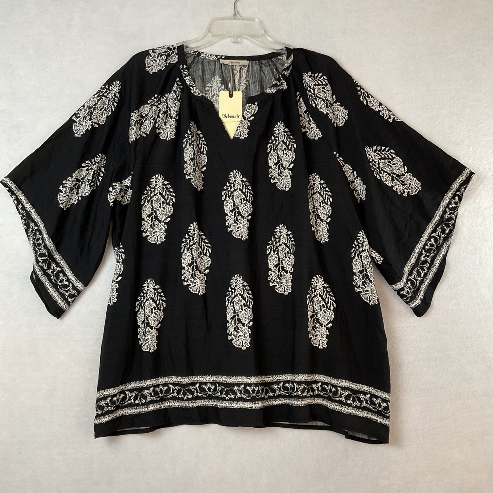 Bebonnie Womens XXL Black White Paisley Split V-Neck Tunic Top Wide Sleeve NEW
